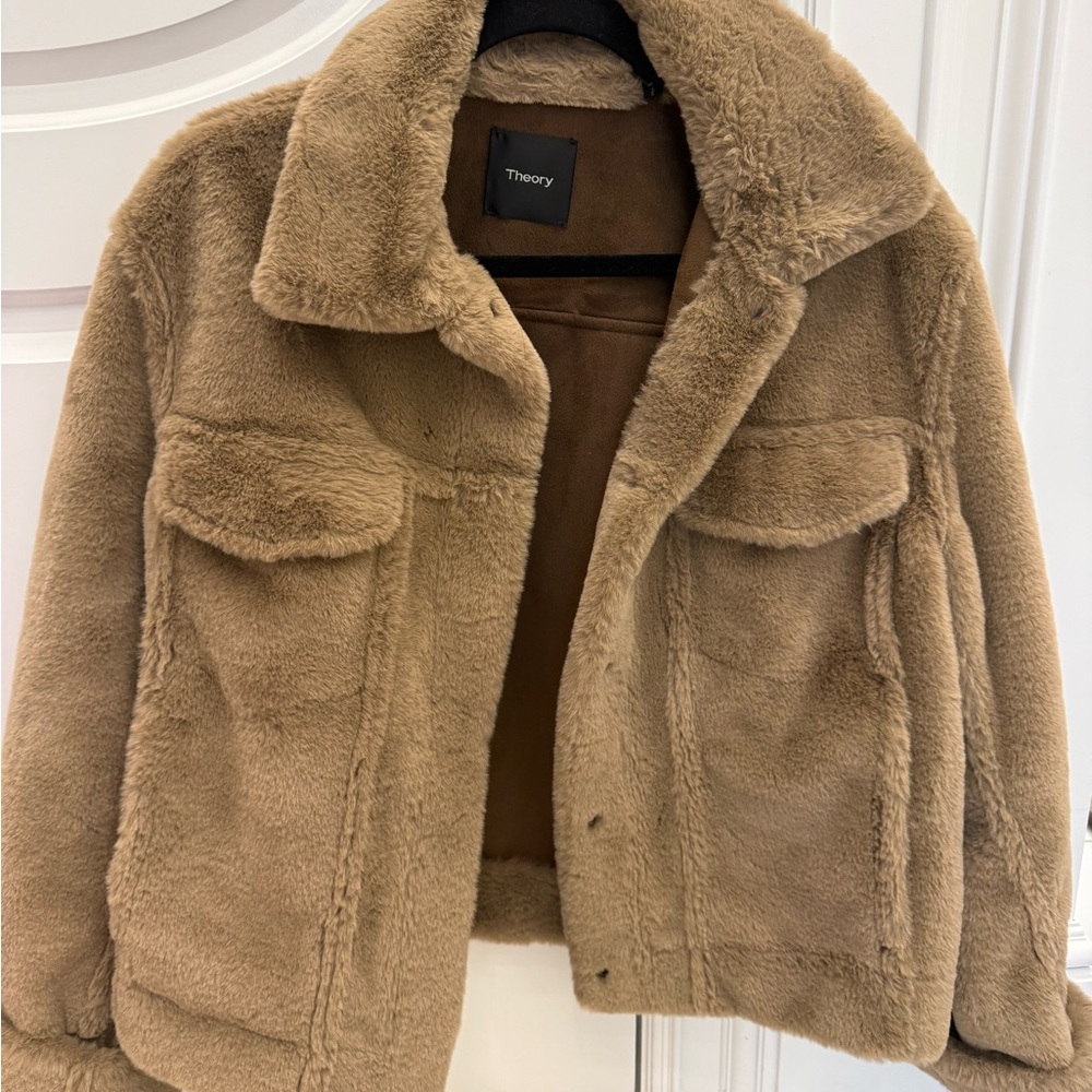 Theory Faux Shearling Coat in Camel Brown